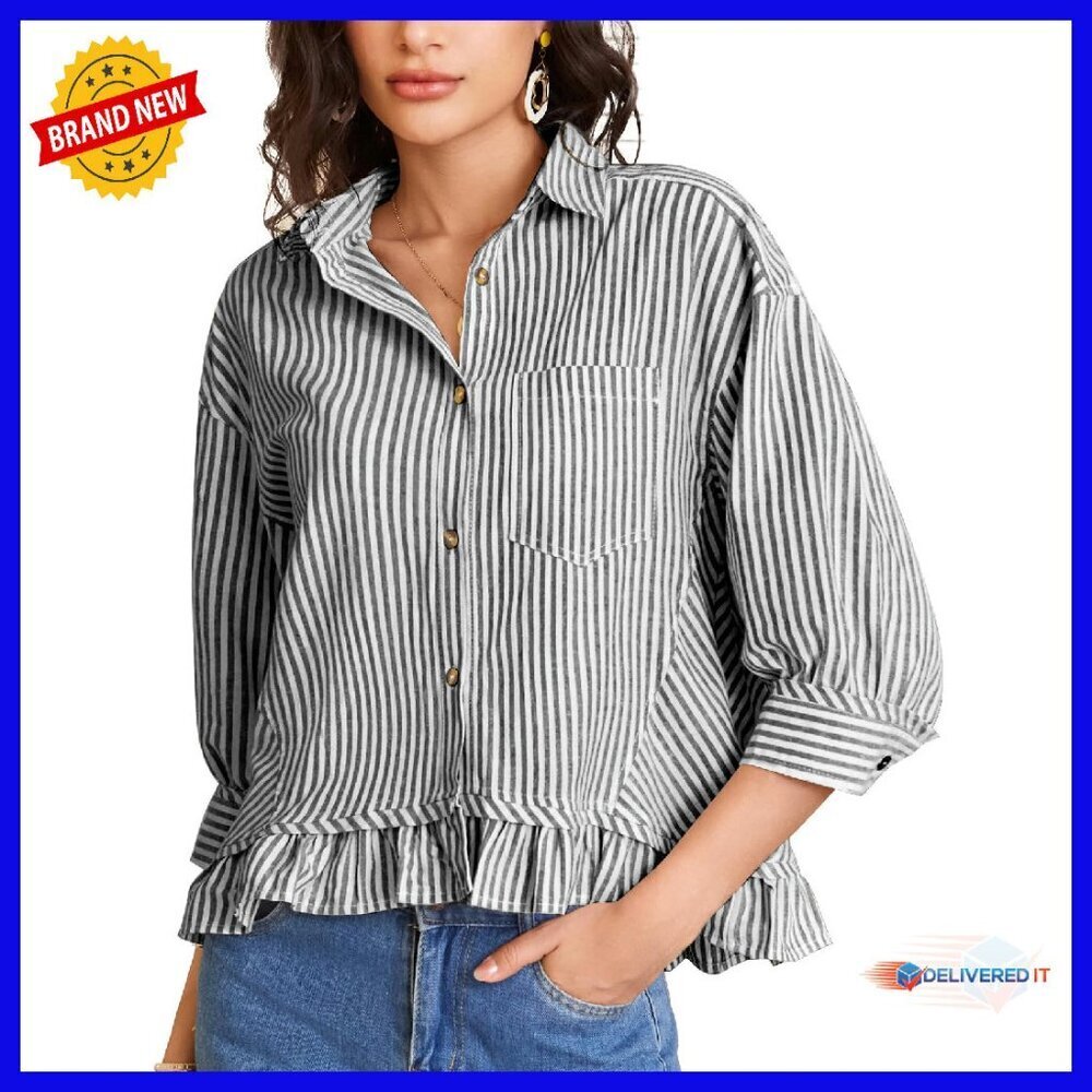Cropped Striped Cotton Button Down Blouse 3/4 Sleeve Ruffle Hem